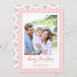 Elegant Cute Pink Photo Pattern Script Christmas Feestdagenkaart