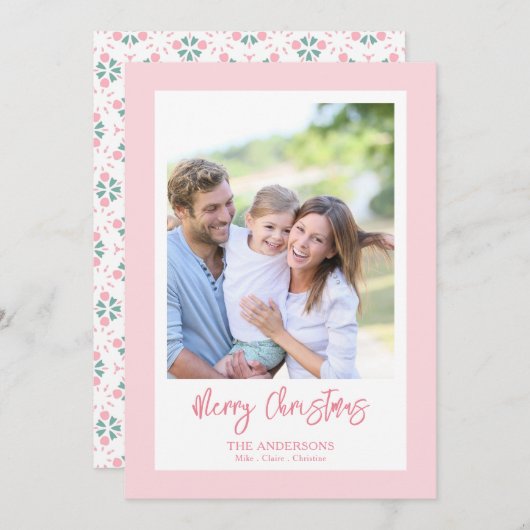 Elegant Cute Pink Photo Pattern Script Christmas Feestdagenkaart (Voorkant / Achterkant)