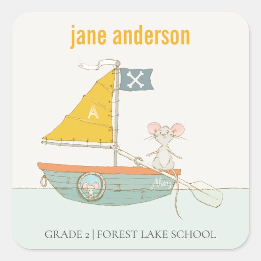 Elegant Cute Pirate Mouse Sailboat Kinder Monogram Vierkante Sticker (Voorkant)