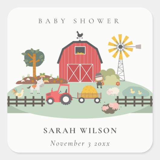 Elegant Cute Red Barnyard Boerderij Animal Baby sh Vierkante Sticker (Voorkant)