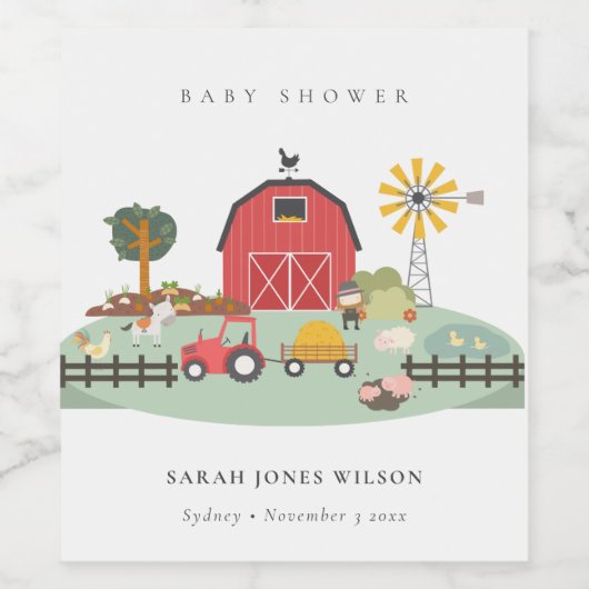 Elegant Cute Red Barnyard Boerderij Animal Baby sh Wijn Etiket (Enkel label)