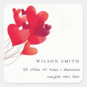 Elegant Cute Red Heart Balloons Waterverf Adres Vierkante Sticker (Voorkant)