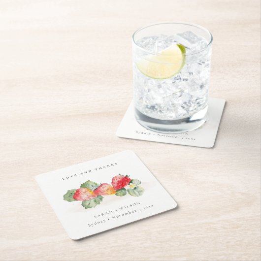 Elegant Cute Red Strawberry Leafy Foliage Weddensc Kartonnen Onderzetters (Insitu)