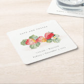 Elegant Cute Red Strawberry Leafy Foliage Weddensc Kartonnen Onderzetters (Schuin)