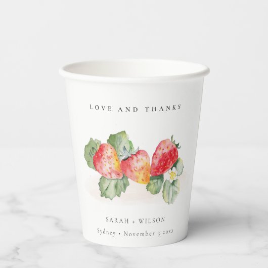 Elegant Cute Red Strawberry Leafy Foliage Weddensc Papieren Bekers (Achterkant)