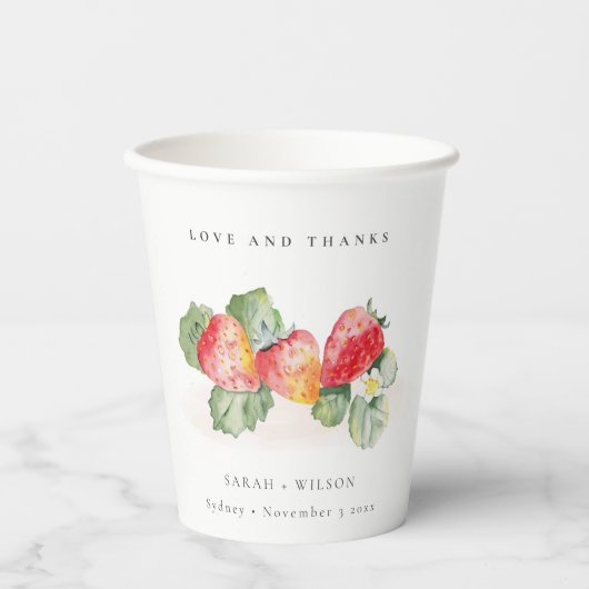Elegant Cute Red Strawberry Leafy Foliage Weddensc Papieren Bekers (Voorkant)
