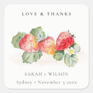Elegant Cute Red Strawberry Leafy Foliage Weddensc Vierkante Sticker