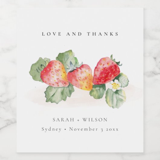 Elegant Cute Red Strawberry Leafy Foliage Weddensc Wijn Etiket (Enkel label)