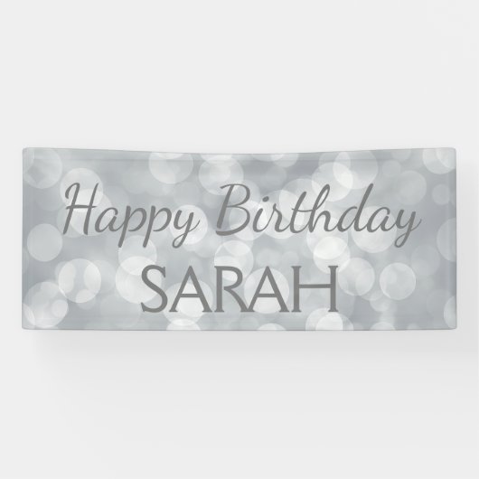 Elegant Cute Silver Glittery Bokeh Happy Birthday Spandoek (Horizontaal)