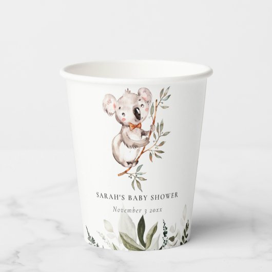 Elegant Cute Sleepy Koala Foliage Baby shower Papieren Bekers (Achterkant)