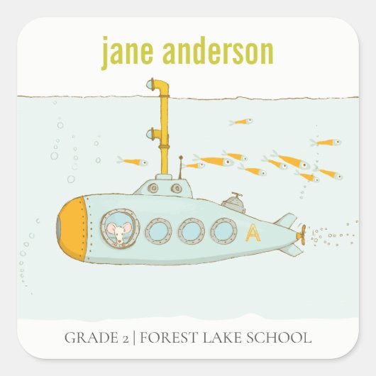 Elegant Cute Underwater Submarine Kinder Monogram Vierkante Sticker (Voorkant)