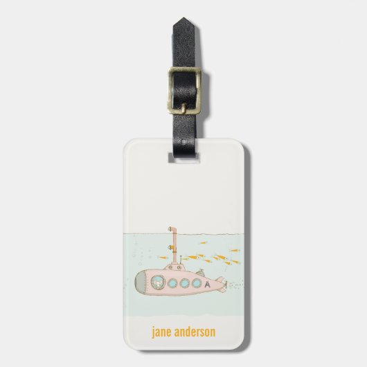 Elegant Cute Underwater Submarine vismonogram Bagagelabel (Voorkant verticaal)
