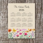 Elegant Cute Watercolor Wildflowers Calendar 2026