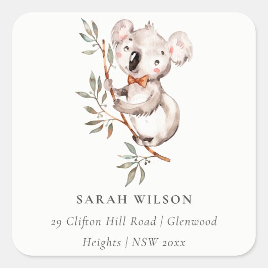 Elegant Cute Waterverf Baby Koala Foliage Adres Vierkante Sticker (Voorkant)