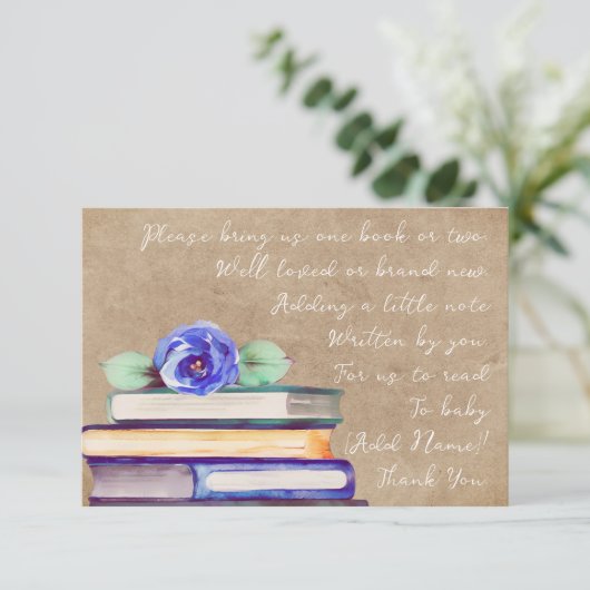 Elegant Cute Waterverf Blue Roos & Books voor Baby Informatiekaartje (Staand voorkant)