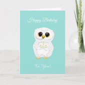 Elegant Cute White Birthday Owl op Blauwgroen Kaart (Voorkant)