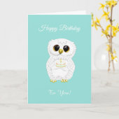 Elegant Cute White Birthday Owl op Blauwgroen Kaart (Gele Bloem)