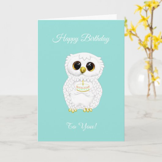Elegant Cute White Birthday Owl op Blauwgroen Kaart (Gele Bloem)