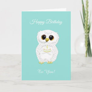 Elegant Cute White Birthday Owl op Blauwgroen Kaart
