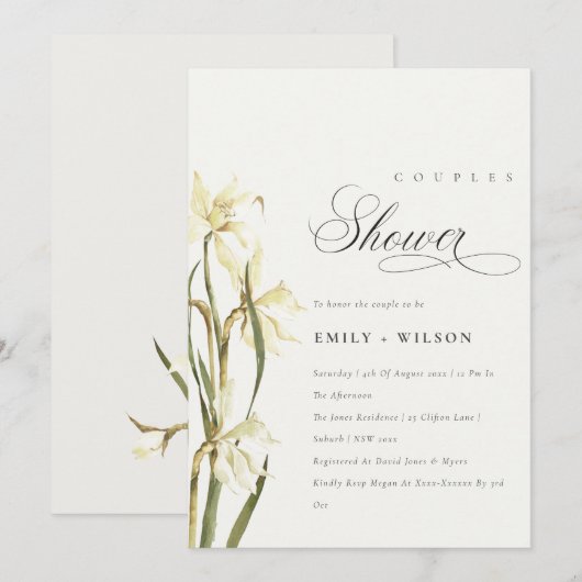 Elegant Cute White Daffodil Couples Shower Invite Bedankkaart (Voorkant / Achterkant)