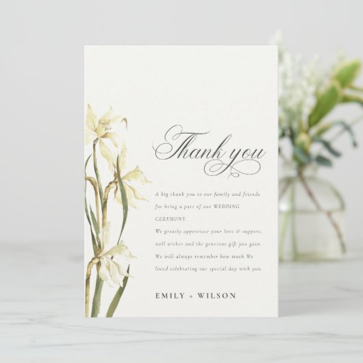 Elegant Cute White Waterverf Daffodil Wedding Bedankkaart (Staand voorkant)