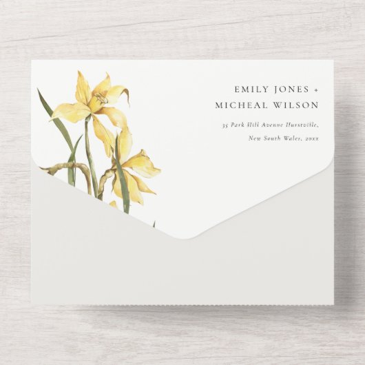 Elegant Cute Yellow Daffodil Floral Wedding All In One Uitnodiging (Achterkant)