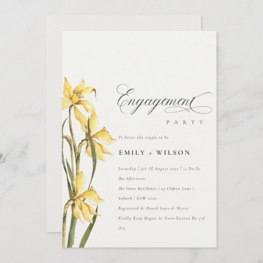 Elegant Cute Yellow Daffodil Verloving Invite Bedankkaart (Voorkant / Achterkant)