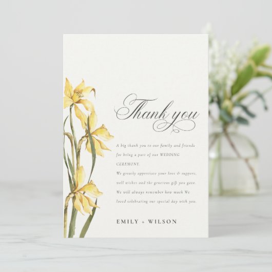 Elegant Cute Yellow Waterverf Daffodil Wedding Bedankkaart (Staand voorkant)