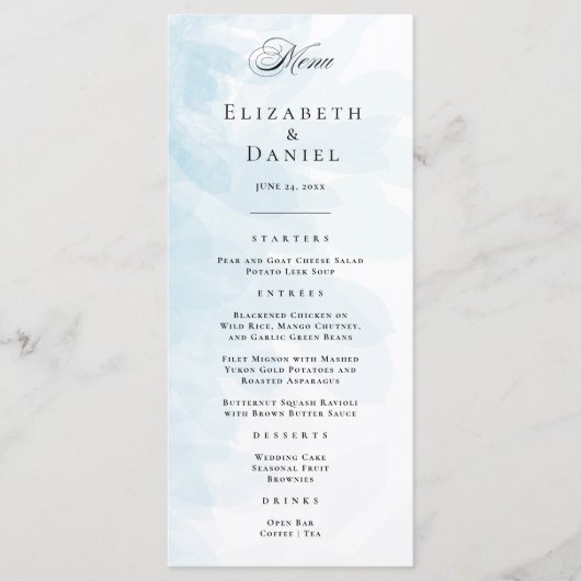 Elegant Cyaan Blue Waterverf Wedding Menu (Voorkant)