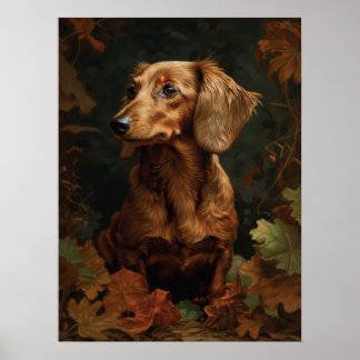 Elegant Dachshund met Autumn Leaves | Floral Pet Poster