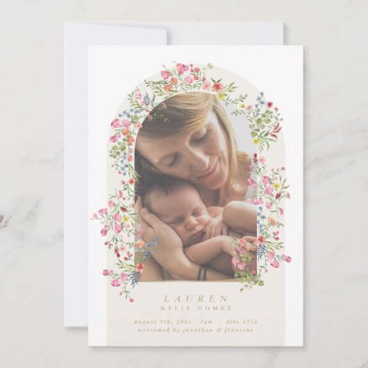 elegant dainty floral arch 4 photo our baby birth aankondiging (Voorkant)