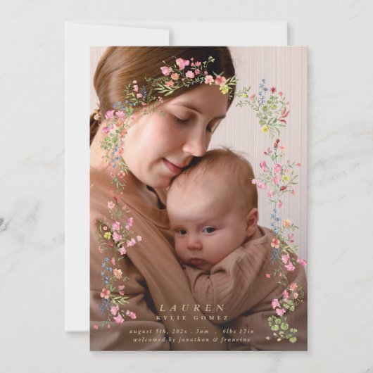 elegant dainty floral arch spring photo baby aankondiging (Voorkant)