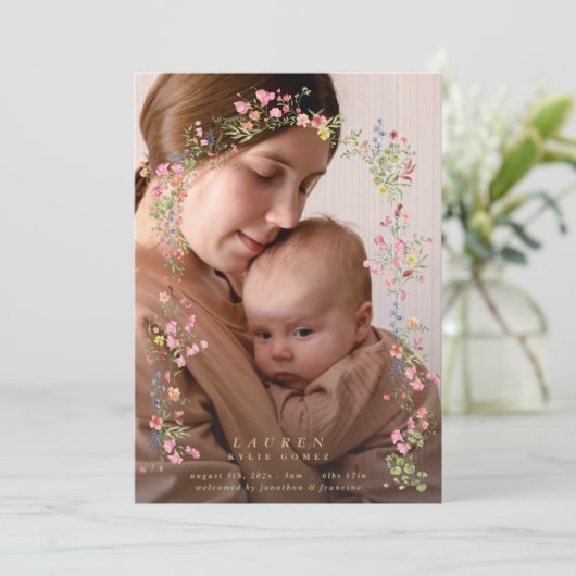elegant dainty floral arch spring photo baby aankondiging (Staand voorkant)