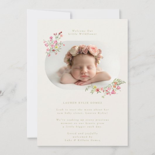 elegant dainty floral arch spring photo baby aankondiging (Achterkant)