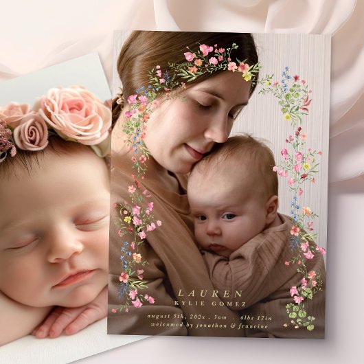 elegant dainty floral arch spring two photo baby aankondiging