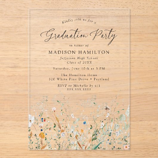 Elegant Dainty Wildflower Graduation Party Acryl Uitnodigingen (Voorkant)