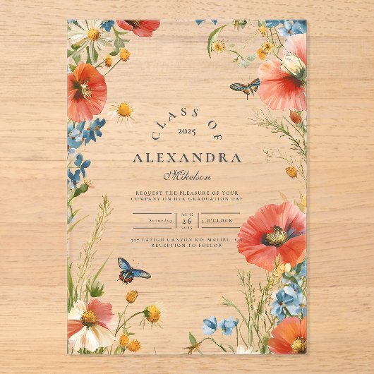 Elegant Dainty Wildflower Graduation Party Acryl Uitnodigingen (Voorkant)