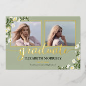 Elegant Daisies 3 Foto Afstuderen Afstuderen Sage Folie Uitnodiging (Voorkant)