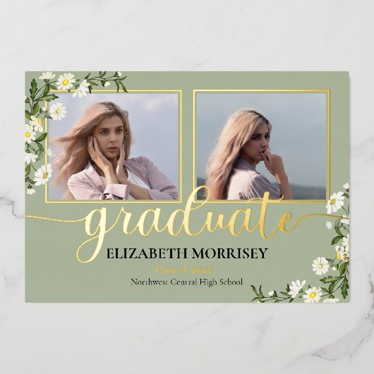Elegant Daisies 3 Foto Afstuderen Afstuderen Sage Folie Uitnodiging (Voorkant)