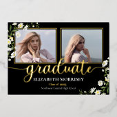 Elegant Daisies |Black 3 Foto Afstuderen Afstudere Folie Uitnodiging (Voorkant)