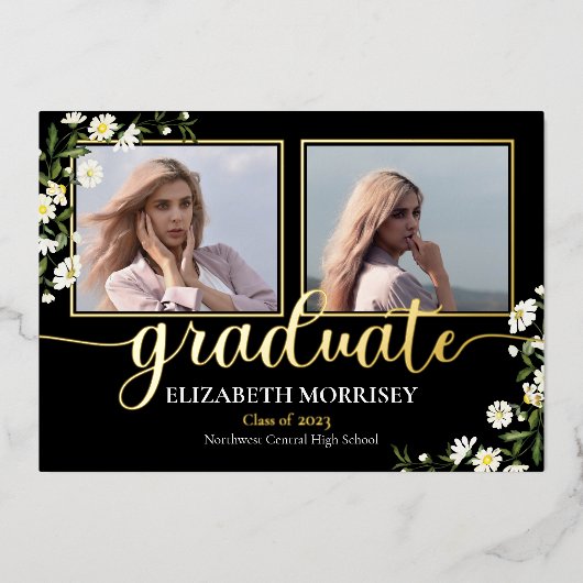 Elegant Daisies |Black 3 Foto Afstuderen Afstudere Folie Uitnodiging (Voorkant)