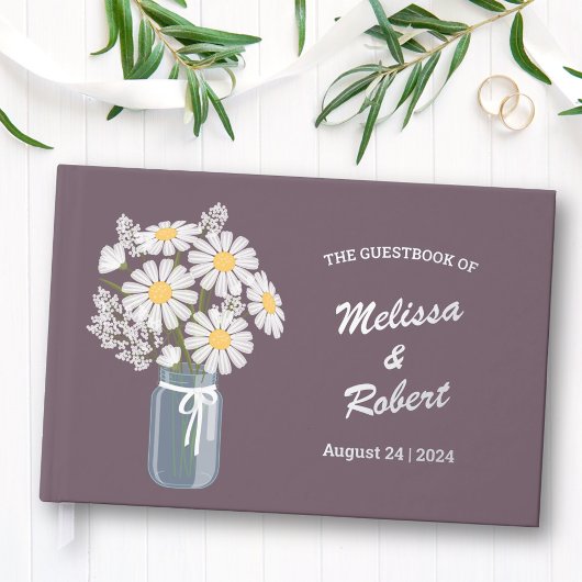 Elegant Daisies Mason Jar Bruiloft Folie Paarse Gastenboek