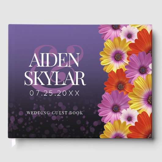 Elegant Daisies met Paarse Glitter Wedding Gastenboek (Voorkant)