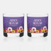 Elegant Daisies met Paarse Glitter Wedding Whisky Glas (Voorkant)