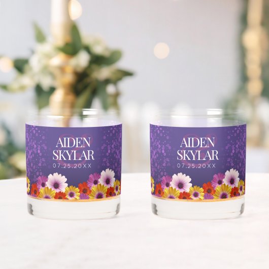 Elegant Daisies met Paarse Glitter Wedding Whisky Glas (Insitu (Huwelijk))