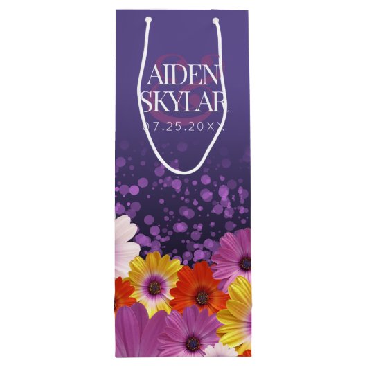 Elegant Daisies met Paarse Glitter Wedding Wijn Cadeautas (Achterkant)