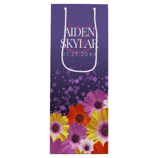 Elegant Daisies met Paarse Glitter Wedding Wijn Cadeautas (Voorkant)