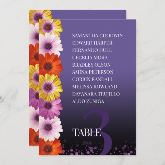 Elegant Daisies Paarse glitter Seating Charts Kaart (Voorkant / Achterkant)