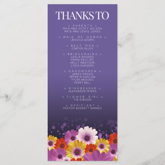 Elegant Daisies Paarse Glitter Wedding Programme Programmakaart (Achterkant)