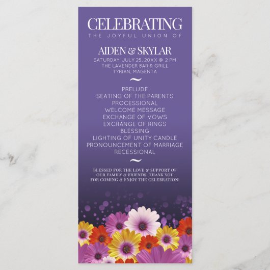 Elegant Daisies Paarse Glitter Wedding Programme Programmakaart (Voorkant)